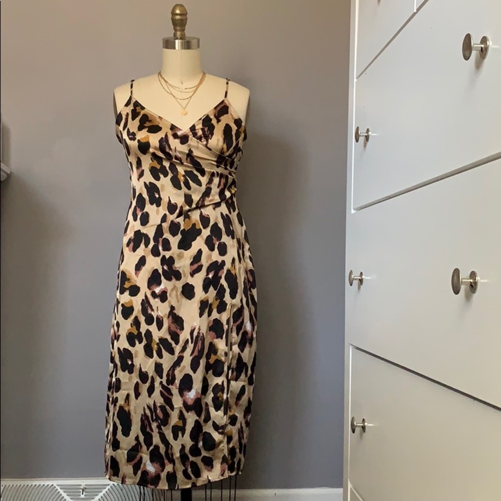 Nasty Gal Leopard Print Satin Midi Slip Dress